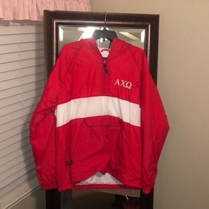Alpha Chi red and white rain coat